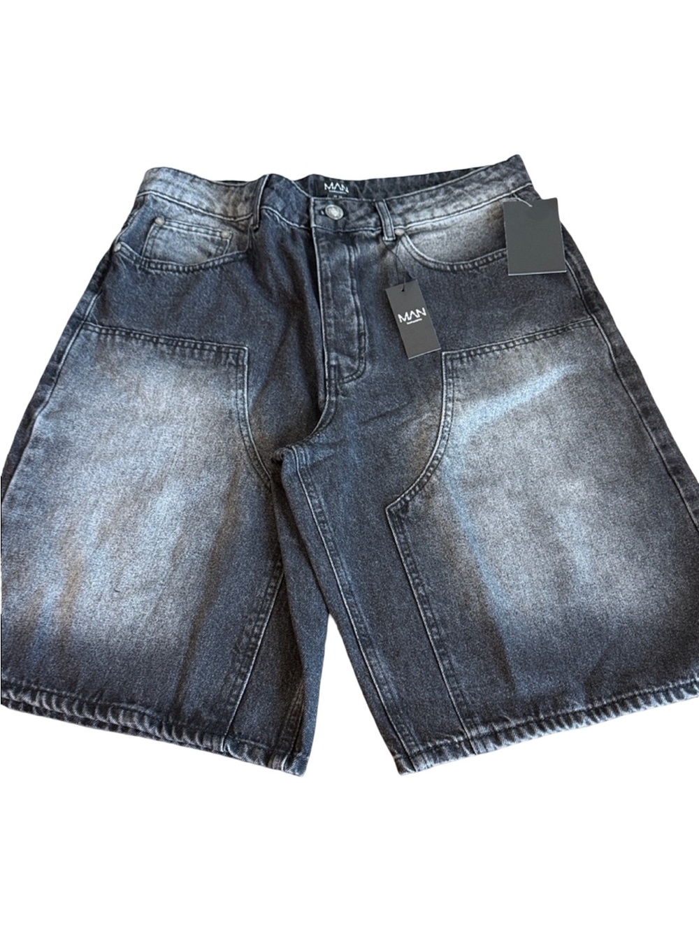 boohooMAN Regular Fit Antique Grey Washed Carpenter Denim Jorts, Size 34, NWT